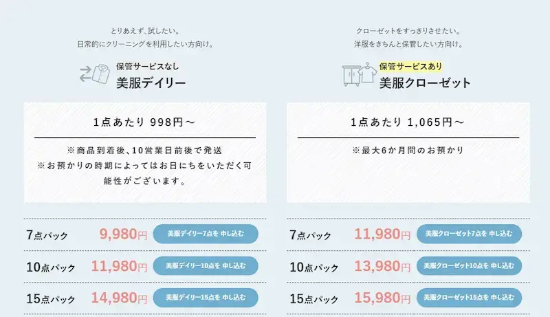 美服パックの料金プラン